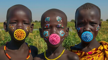 Traditional mursi tribe with distinctive lip plates - renowned cultural tradition in ethiopia