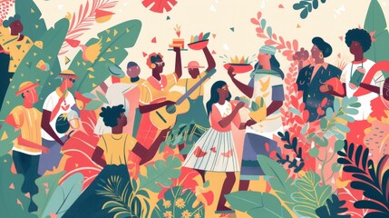 An illustration in 2D flat style showing a diverse community gathered for a celebration, with people of different cultures sharing food, music, and dance. The minimalist design captures the joy and