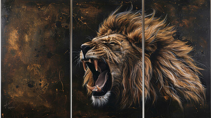The painting in three panels shows lions on a seamless background