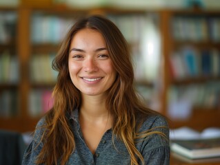 A Tutor female wearing casual attire, standing in front of a desk with textbooks, smiling and looking into the camera