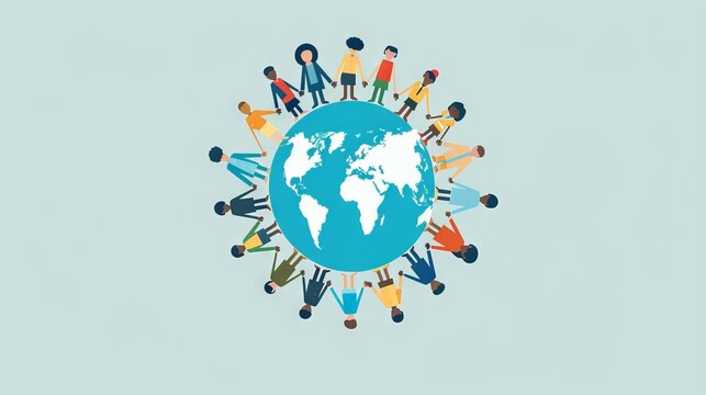 A flat design illustration of global unity featuring characters from around the world holding hands in a circle. The minimalist background emphasizes the connection and solidarity among diverse