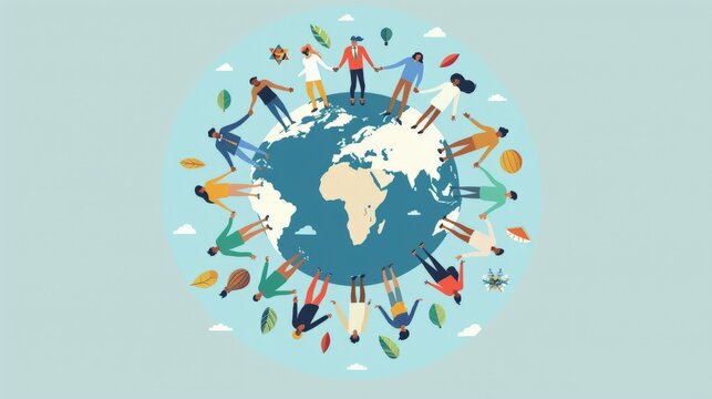 A flat design illustration of global unity featuring characters from around the world holding hands in a circle. The minimalist background emphasizes the connection and solidarity among diverse