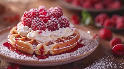 Obraz premium Deliciously prepared waffles adorned with an assortment of fresh berries and a light dusting of powdered sugar