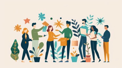 A flat design illustration of community support, featuring characters of different backgrounds helping each other in various tasks. The minimalist background emphasizes the importance of mutual aid