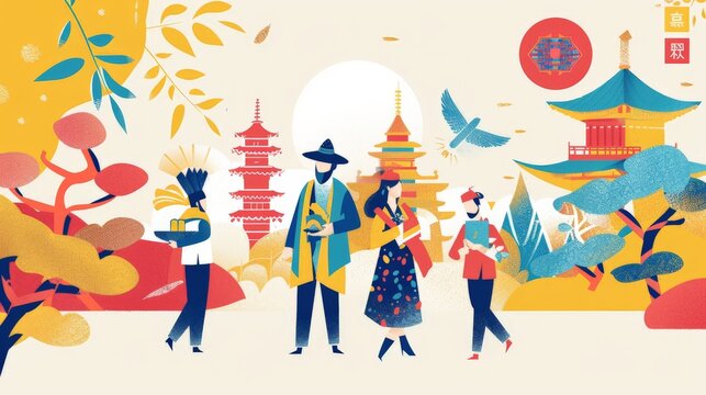 A 2D flat style illustration of harmony, featuring characters from different cultural backgrounds engaging in peaceful dialogue and activities. The minimalist design emphasizes the importance of