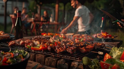Naklejka premium Group of friends enjoying an outdoor barbecue with various grilled meats and vegetables, creating a lively and delicious summer setting.