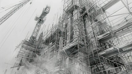 Pencil drawing of a building under construction with scaffolding and crane.