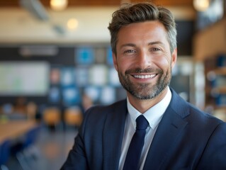Fototapeta premium An Educational Administrator male wearing professional attire, standing in front of a school administrative office, smiling