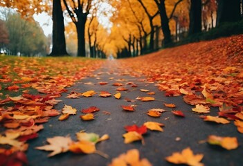 AI-generated illustration of a road lined with autumn trees with red and yellow leaves