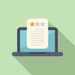 Flat design illustration of a laptop with a review document and star ratings on the screen
