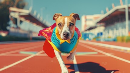 A dog in a superhero costume running on a track field, with the background blurred and ample copy...