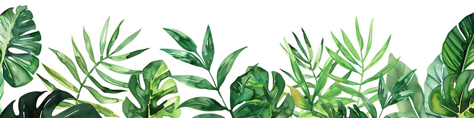 Fototapeta premium Watercolor illustration of green tropical leaves bordering a white background, Generate AI