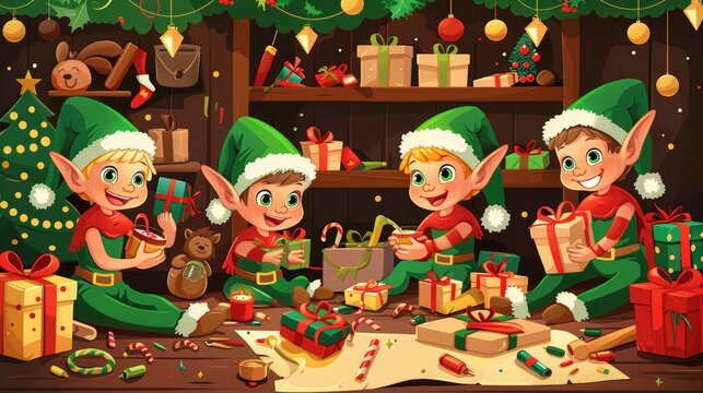 Christmas elves busy in Santa&acirc; s workshop making toys and wrapping gifts cartoon Vector Illustration Generative AI