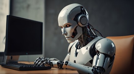 Photo of an orange humanoid robot with headphones sitting at a computer, working in an IT office. generative.ai