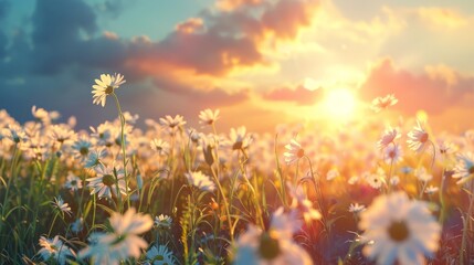 A beautiful meadow flooded with spring and summer sun with lots of wild flowers of daisies.