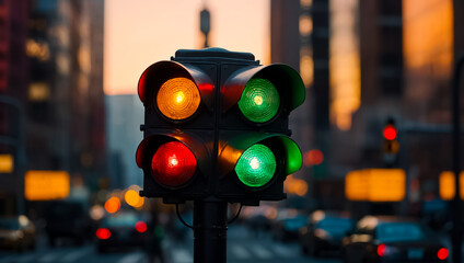 Traffic light closeup evening city attention control