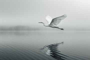 A white bird is flying over a body of water