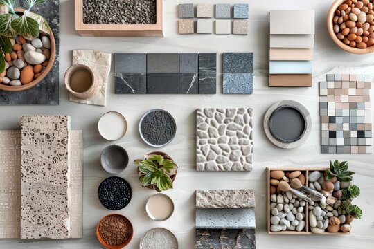 Flat lay of various materials for interior design and architecture.