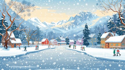 A winter village scene with people ice skating on a frozen pond and snow-covered cottages cartoon Vector Illustration Generative AI