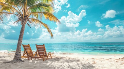 Fototapeta premium A beautiful tropical beach with palm trees, white sand and two sun loungers on a background of turquoise ocean and blue sky with clouds. 