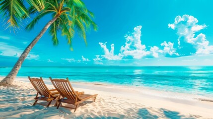Obraz premium A beautiful tropical beach with palm trees, white sand and two sun loungers on a background of turquoise ocean and blue sky with clouds. 