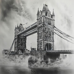 Obraz premium A black and white hand-drawn sketch of the Tower Bridge in London with dramatic clouds on a white background, reflecting architectural drawing