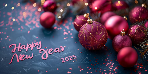 A Happy New Year 2025 greeting card adorned with festive ornaments on a white background