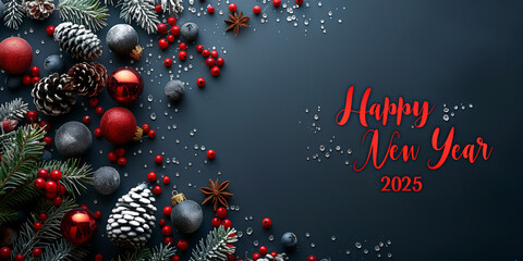 A festive Happy New Year 2025 card featuring pine cones and fir cones on a black background 