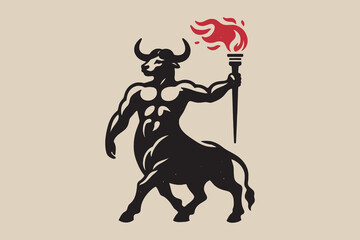 Minotaur. Mythical creature of ancient Greece. Bull man. Torch with fire. logo, emblem, sign