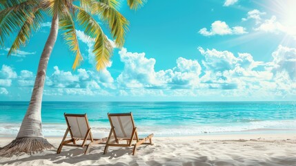 A beautiful tropical beach with palm trees, white sand and two sun loungers on a background of turquoise ocean and blue sky with clouds.
