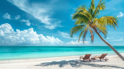 A beautiful tropical beach with palm trees, white sand and two sun loungers on a background of turquoise ocean and blue sky with clouds.

