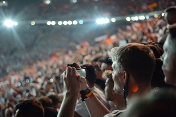 Crowded stadium, bright lights, fans capturing soccer game on smartphones.