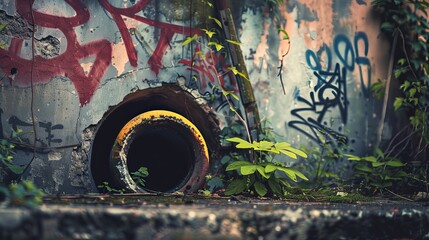 A wall with graffiti and a pipe sticking out of it