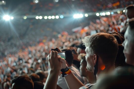 Crowded stadium, bright lights, fans capturing soccer game on smartphones.