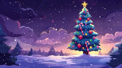 A festive Christmas tree adorned with colorful ornaments, candy canes, and a shining star on top cartoon Vector Illustration Generative AI
