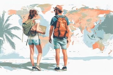 Couple with backpacks looking at a world map, ready for travel adventure.
