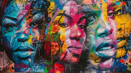 A graffiti wall, celebration of LGBTQ culture, mix of portraits and symbols, vibrant and energetic. Urban street setting. Detailed and vivid graffiti, bright lighting enhancing colors, subtle shadows