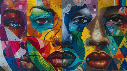 A graffiti wall, LGBTQ community tribute, mix of vibrant portraits and symbols, diverse color palette, dynamic layout. Background of an urban park. Sharp and vivid graffiti, dramatic lighting,