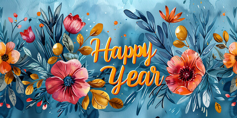 A watercolor painting featuring flowers, leaves, and the words Happy Year