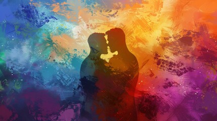 An LGBTQ-themed wallpaper, artistic depiction of love and unity, symbols and figures in vibrant colors. Textured brush strokes and layers. Background of contrasting colors. Rich lighting with strong