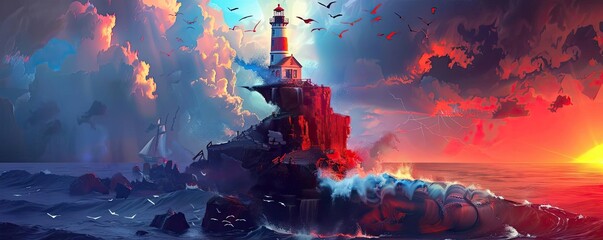 A dramatic lighthouse scene with vibrant, colorful clouds and a stunning sunset over crashing waves. Perfect for themes of adventure and serenity.