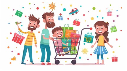 Vector graphic of a cheerful family shopping together, pushing a cart overflowing with discounted items cartoon Vector Illustration Generative AI