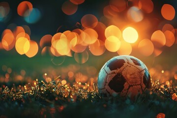 Fototapeta premium football competition playoff, football on the grass in the foreground, overview, magic lights, scenic, warm tone with copy space for text