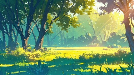 An enchanting summer forest bathed in sunlight depicted in a vibrant 2d illustration in EPS 10 format