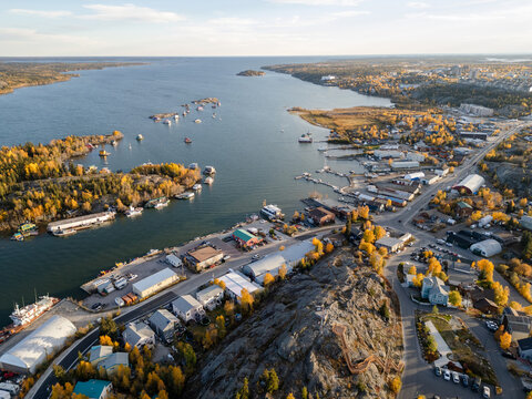 Aerial view of Yellowknife Bay and Old Town in Autumn. Yellowknife, Great Slave Lake, Northwest Territories, Canada.