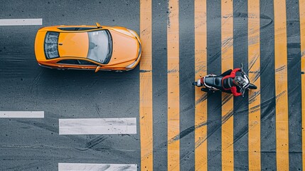 Car and motorcycle crossing a pedestrian crosswalk zebra on a highway, top view
