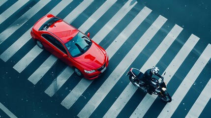 Car and motorcycle crossing a pedestrian crosswalk zebra on a highway, top view
