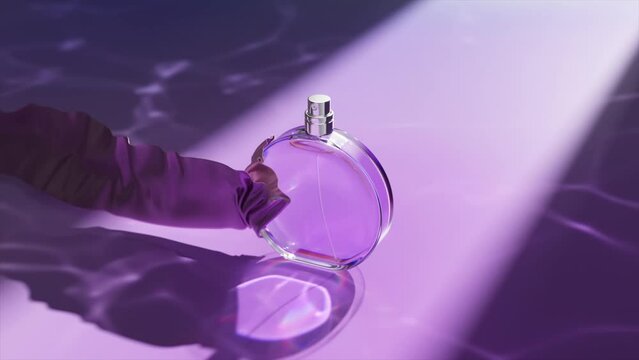 Modern 3D rendering of a perfume bottle on a vibrant purple wavy surface with dynamic lighting and reflection