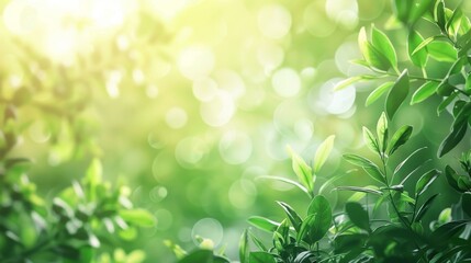 Beautiful natural spring summer defocused background with fresh lush foliage and bokeh in nature.