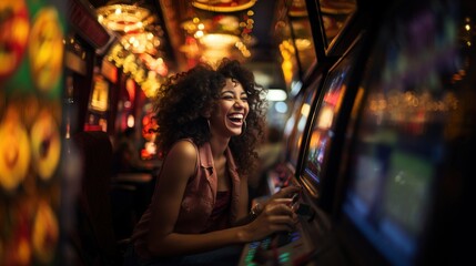 A woman exults in joy as she wins at a brightly lit casino slot machine late at night